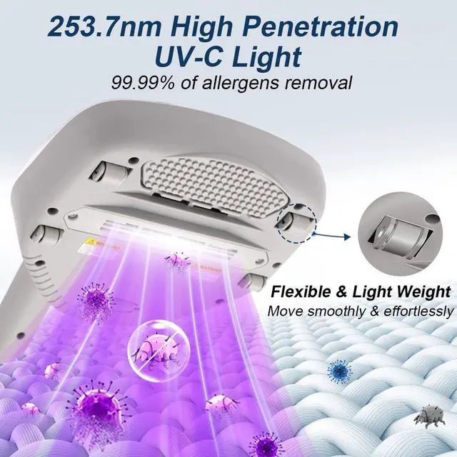 Alt view image 4 of 7 - Mattress Vacuum Cleaner, Anti-allergen Bed Vacuum Cleaner with UV-C Light & Large Pulsating Pad, Powerful Suction & True Hepa Filter for Dust, Pet Hair, UV Bed Vacuum Corded, AP002