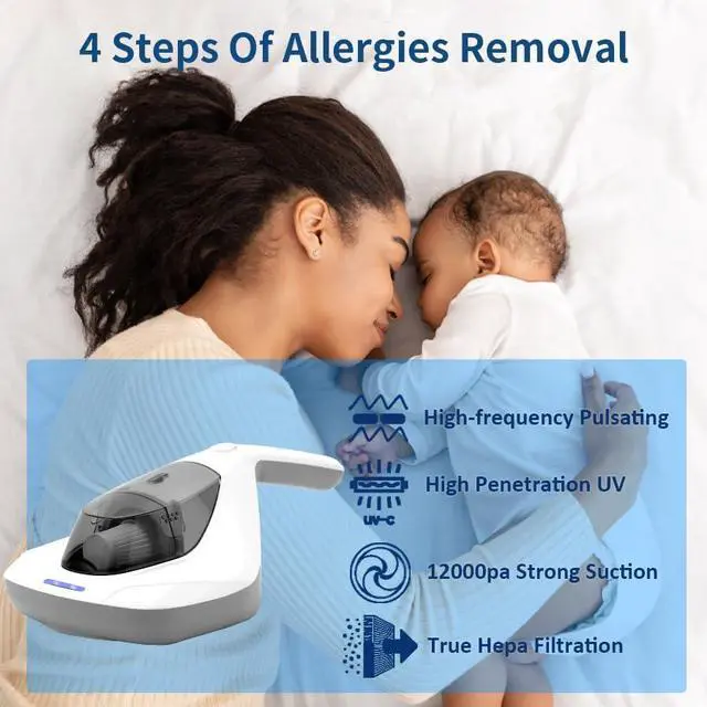 Alt view image 7 of 7 - Mattress Vacuum Cleaner, Anti-allergen Bed Vacuum Cleaner with UV-C Light & Large Pulsating Pad, Powerful Suction & True Hepa Filter for Dust, Pet Hair, UV Bed Vacuum Corded, AP002