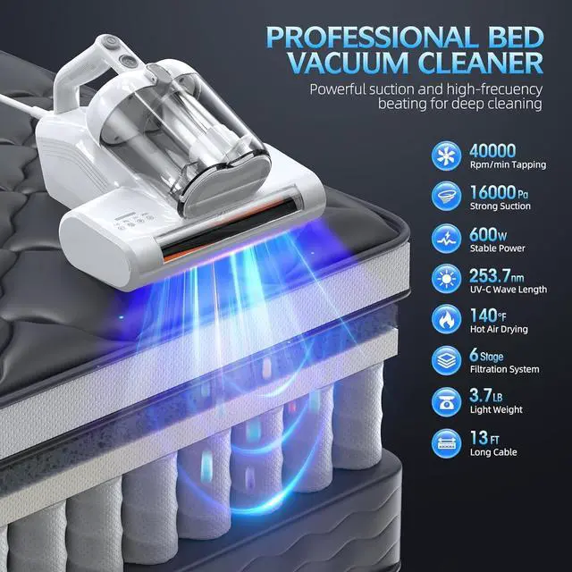 Alt view image 2 of 7 - Vacuum Cleaner Bed Vacuum Cleaner with 16Kpa Suction 253.7nm UV-C Light & 40000 Rpm/Min Brushroll Rotation & HEPA Filter & Heating Tech, Includes A Spare Filter ,600W, (Ultra-UVC-K16, Corded)