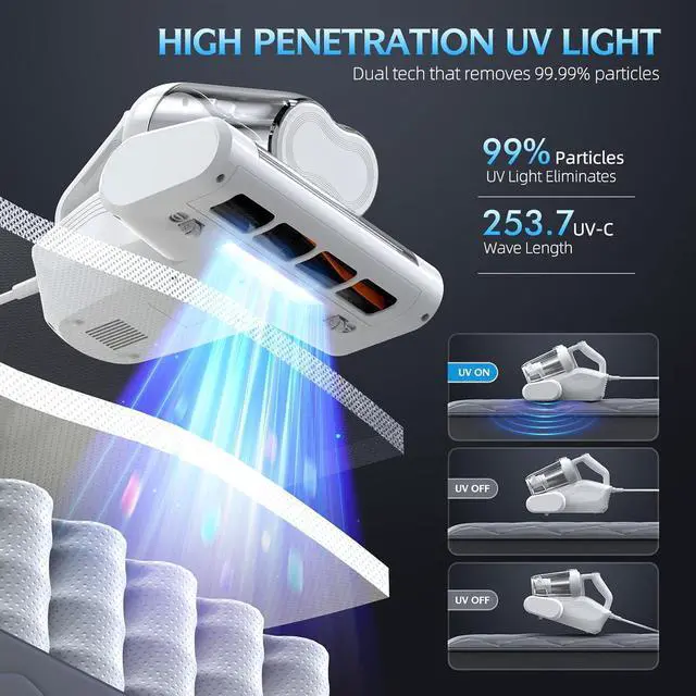 Alt view image 3 of 7 - Vacuum Cleaner Bed Vacuum Cleaner with 16Kpa Suction 253.7nm UV-C Light & 40000 Rpm/Min Brushroll Rotation & HEPA Filter & Heating Tech, Includes A Spare Filter ,600W, (Ultra-UVC-K16, Corded)