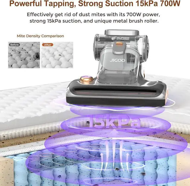 Alt view image 2 of 7 - T600 Bed Vacuum Cleaner with UV-C Light, 15Kpa Suction 700W Powerful Double Cup Handheld Vacuums, Mattress Vacuum Cleaner with Smart Dust Sensor, Ultrasonic & Heating Tech, HEPA Filter - Corded