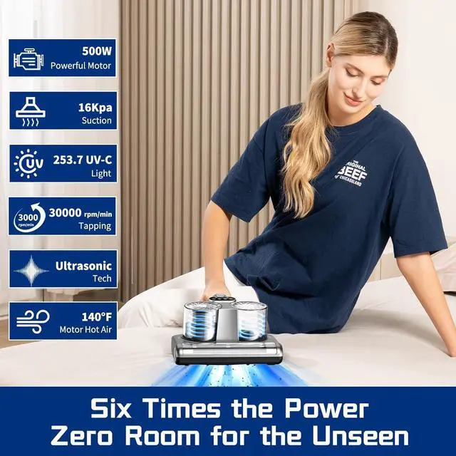 Alt view image 2 of 7 - Bed Vacuum Cleaner 5 in 1 Mattress Vacuum with 16Kpa Suction 253.7nm UV-C Light, HEPA Filtration, Ultrasound , 140 Hot Air, 30000Rpm/Min Brushroll Rotation, Replacement Filter Included, 500W, Corded