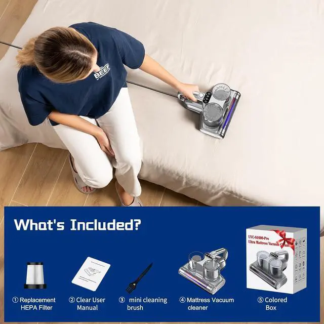 Alt view image 6 of 7 - Bed Vacuum Cleaner 5 in 1 Mattress Vacuum with 16Kpa Suction 253.7nm UV-C Light, HEPA Filtration, Ultrasound , 140 Hot Air, 30000Rpm/Min Brushroll Rotation, Replacement Filter Included, 500W, Corded