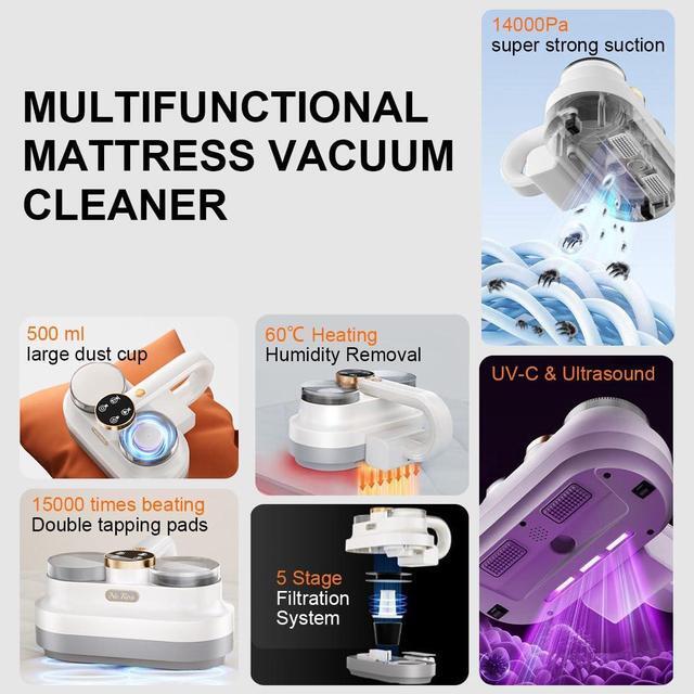 Alt view image 2 of 7 - Mattress Vacuum Cleaner Bed Vacuum with 253.7nm UV-C Light, 14Kpa Suciton & Ultrasonic & Two Tapping Pads, Powerful Anti-Allergen Vacuum Cleaner for Deep Cleaning, Corded, NR004