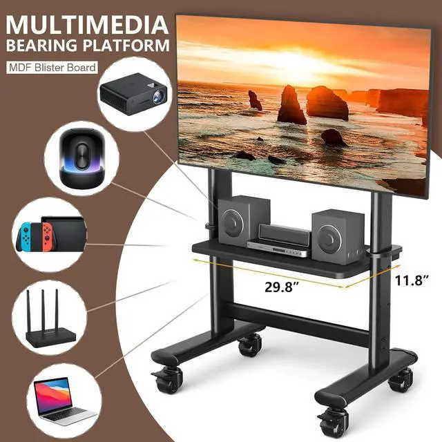 Alt view image 2 of 7 - Mobile TV Cart Rolling TV Stand with Wheels for 55-100 Inch LCD LED Flat Curved Screens up to 250 lbs, Max VESA800x600 mm Heavy Duty Portable Floor TV Stand Large Base Trolley Height Adjustable