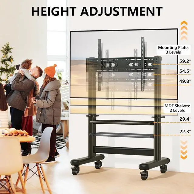 Alt view image 4 of 7 - Mobile TV Cart Rolling TV Stand with Wheels for 55-100 Inch LCD LED Flat Curved Screens up to 250 lbs, Max VESA800x600 mm Heavy Duty Portable Floor TV Stand Large Base Trolley Height Adjustable
