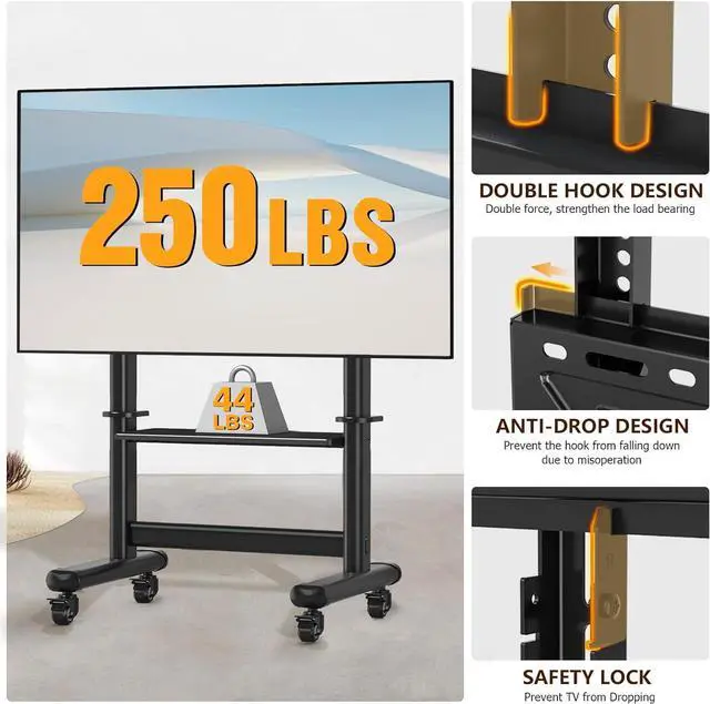 Alt view image 7 of 7 - Mobile TV Cart Rolling TV Stand with Wheels for 55-100 Inch LCD LED Flat Curved Screens up to 250 lbs, Max VESA800x600 mm Heavy Duty Portable Floor TV Stand Large Base Trolley Height Adjustable