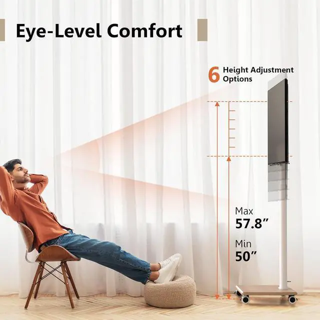 Alt view image 4 of 7 - Rolling TV Stand for 32 to 65 70 Inch TVs, Portable Mobile TV Cart on Wheels, Tall Universal Floor Stands with Swivel Mount, Fit Corner, Bedroom, Outdoor, Small Dorm (White)