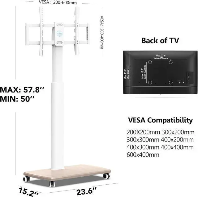 Alt view image 7 of 7 - Rolling TV Stand for 32 to 65 70 Inch TVs, Portable Mobile TV Cart on Wheels, Tall Universal Floor Stands with Swivel Mount, Fit Corner, Bedroom, Outdoor, Small Dorm (White)
