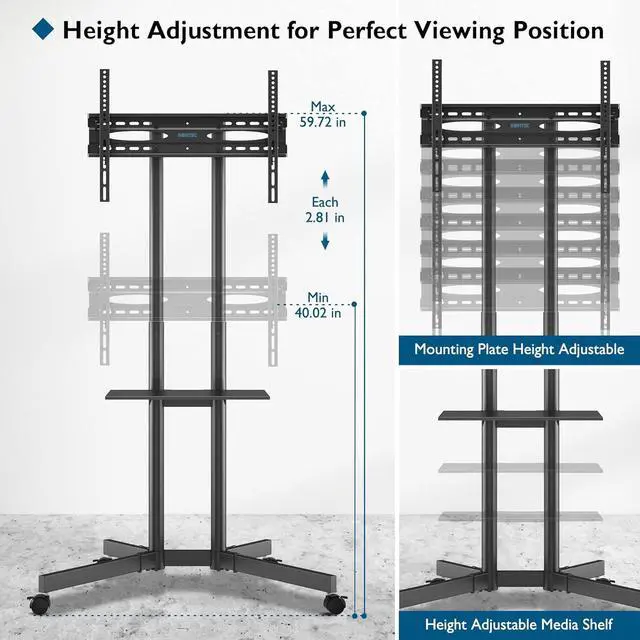 Alt view image 3 of 7 - Mobile TV Cart, Tilt Rolling TV Floor Stand with Locking Wheels for 32-85 LED, LCD, OLED Flat&Curved TVs, Height Adjustable with Laptop Shelf, Holds Up to 132lbs Max VESA 600x400mm, Black