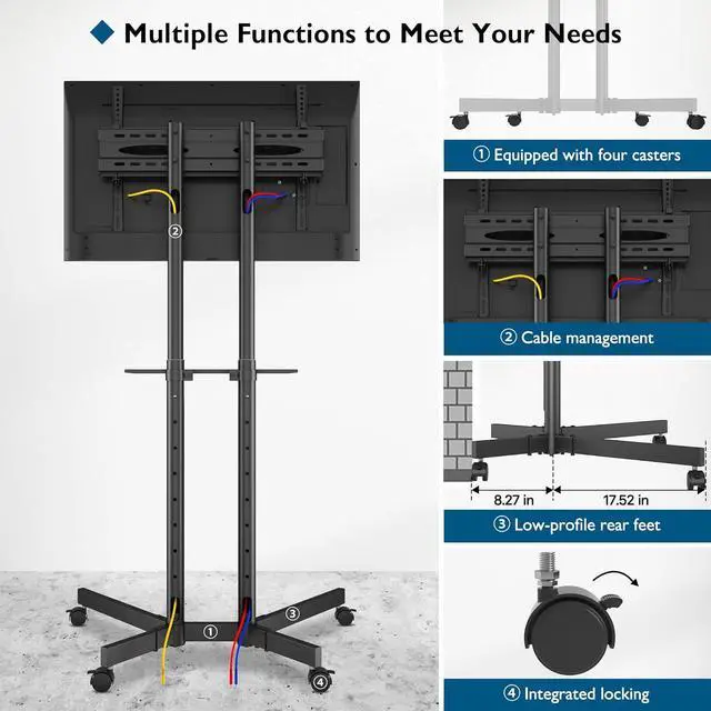 Alt view image 4 of 7 - Mobile TV Cart, Tilt Rolling TV Floor Stand with Locking Wheels for 32-85 LED, LCD, OLED Flat&Curved TVs, Height Adjustable with Laptop Shelf, Holds Up to 132lbs Max VESA 600x400mm, Black