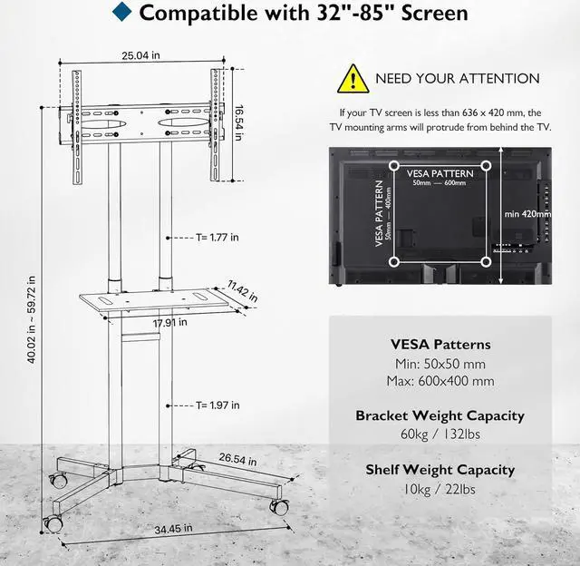 Alt view image 5 of 7 - Mobile TV Cart, Tilt Rolling TV Floor Stand with Locking Wheels for 32-85 LED, LCD, OLED Flat&Curved TVs, Height Adjustable with Laptop Shelf, Holds Up to 132lbs Max VESA 600x400mm, Black