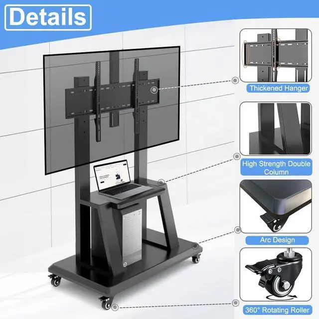 Alt view image 3 of 7 - Mobile TV Stand,Rolling TVs Cart on Wheels Height Adjustable Heavy-Duty Floor Stand Base for 32-75 Inch LCD LED OLED Flat Panel Screens Smartboard Movable Holds up to 100lbs with Shelf