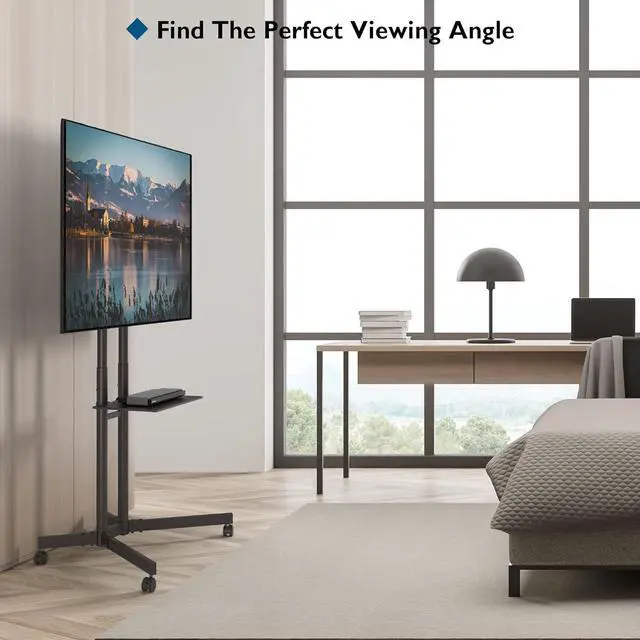 Alt view image 7 of 7 - Mobile TV Cart, Tilt Rolling TV Floor Stand with Locking Wheels for 32-85 LED, LCD, OLED Flat&Curved TVs, Height Adjustable with Laptop Shelf, Holds Up to 132lbs Max VESA 600x400mm, Black