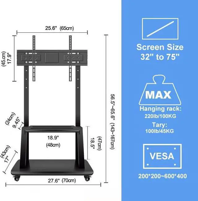 Alt view image 5 of 7 - Mobile TV Stand,Rolling TVs Cart on Wheels Height Adjustable Heavy-Duty Floor Stand Base for 32-75 Inch LCD LED OLED Flat Panel Screens Smartboard Movable Holds up to 100lbs with Shelf