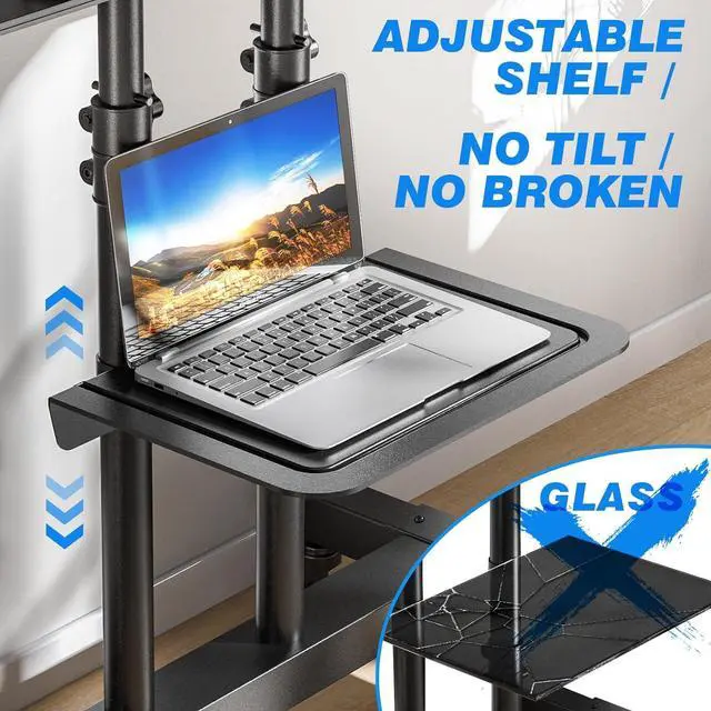 Alt view image 4 of 7 - Mobile TV Cart for 32-83 Inch Screens up to 110 lbs, Height Adjustable Rolling TV Stand with Locking Wheels and Metal Shelf, Portable Outdoor Floor TV Stand Movable Monitor Holder for Home Office