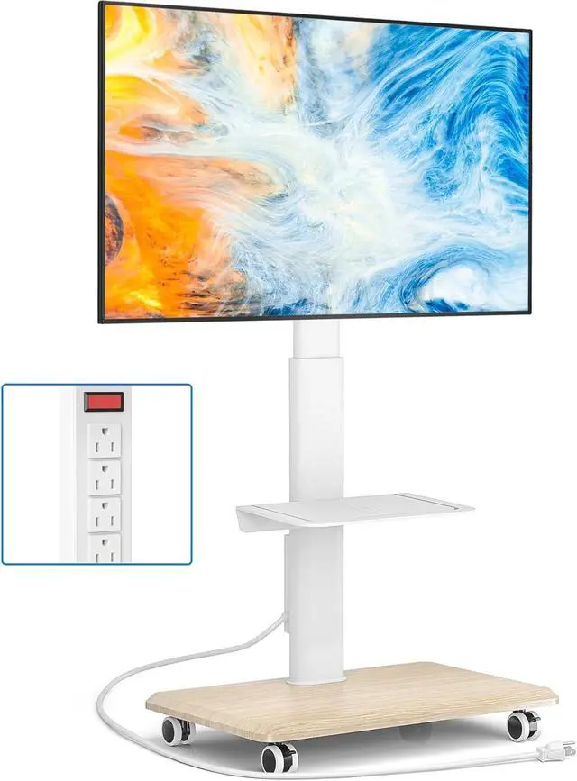 Main image of Sleek Rolling TV Stand with Power Outlet for Home Decor, Height Adjustable Portable TV Stand on Wheels for 32-70 Inch TVs, Strong Tall Mobile TV Cart with Mount Up to 88 lbs, White