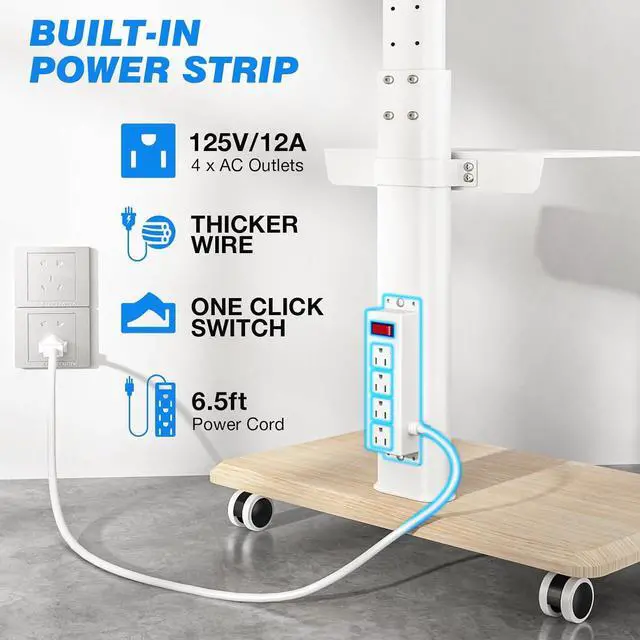 Alt view image 7 of 7 - Sleek Rolling TV Stand with Power Outlet for Home Decor, Height Adjustable Portable TV Stand on Wheels for 32-70 Inch TVs, Strong Tall Mobile TV Cart with Mount Up to 88 lbs, White