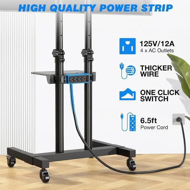 Alt view image 2 of 7 - Upgraded Mobile TV Stand with Power Outlet for 32-85 Inch TVs, Heavy Duty Rolling TV Cart on Wheels up to 132 lbs, Height Adjustable Portable TV Stand with AV Shelf for Bedroom, Home, Office