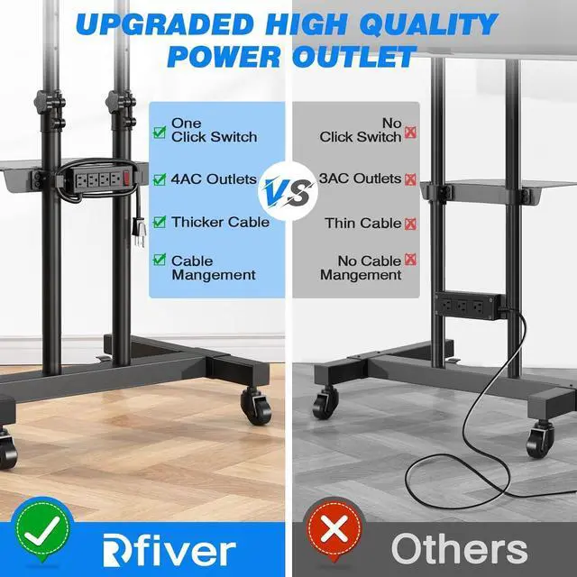 Alt view image 3 of 7 - Upgraded Mobile TV Stand with Power Outlet for 32-85 Inch TVs, Heavy Duty Rolling TV Cart on Wheels up to 132 lbs, Height Adjustable Portable TV Stand with AV Shelf for Bedroom, Home, Office