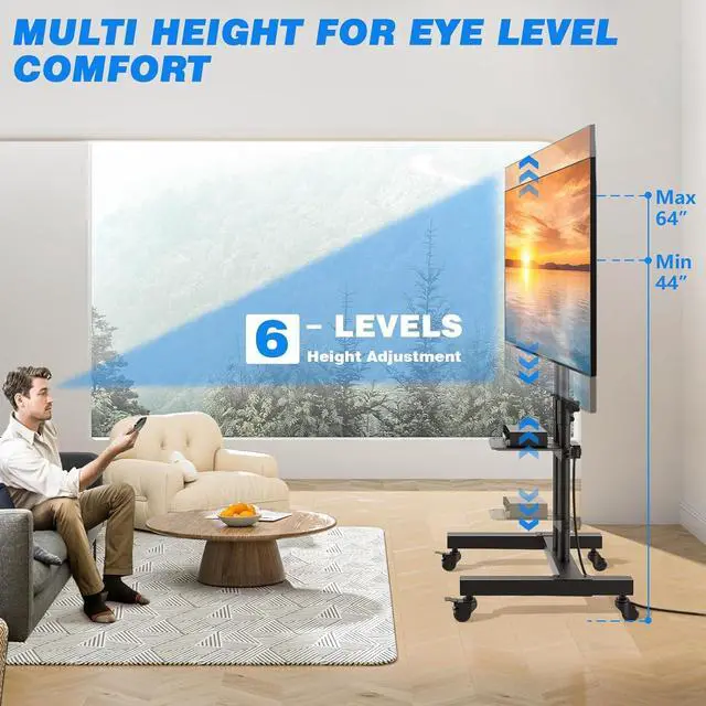 Alt view image 5 of 7 - Upgraded Mobile TV Stand with Power Outlet for 32-85 Inch TVs, Heavy Duty Rolling TV Cart on Wheels up to 132 lbs, Height Adjustable Portable TV Stand with AV Shelf for Bedroom, Home, Office