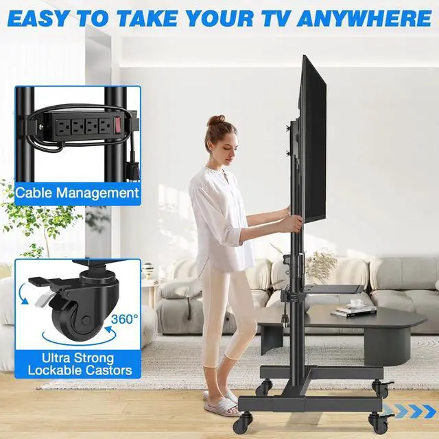 Alt view image 6 of 7 - Upgraded Mobile TV Stand with Power Outlet for 32-85 Inch TVs, Heavy Duty Rolling TV Cart on Wheels up to 132 lbs, Height Adjustable Portable TV Stand with AV Shelf for Bedroom, Home, Office