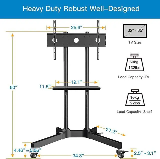 Alt view image 3 of 7 - Rolling TV Stand for 32-85 Inch TVs Holds up to 132 Lbs, Height Adjustable Mobile TV Cart with Wheels, Mobile TV Stand with Tray, Portable TV Stand for 4K TVs Max VESA 600x400mm PSTVMC01
