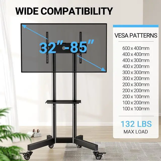 Alt view image 2 of 7 - Rolling TV Stand for 32-85 Inch TVs Holds up to 132 Lbs, Height Adjustable Mobile TV Cart with Wheels, Mobile TV Stand with Tray, Portable TV Stand for 4K TVs Max VESA 600x400mm PSTVMC01