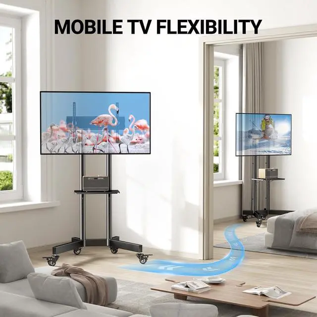 Alt view image 5 of 7 - Rolling TV Stand for 32-85 Inch TVs Holds up to 132 Lbs, Height Adjustable Mobile TV Cart with Wheels, Mobile TV Stand with Tray, Portable TV Stand for 4K TVs Max VESA 600x400mm PSTVMC01