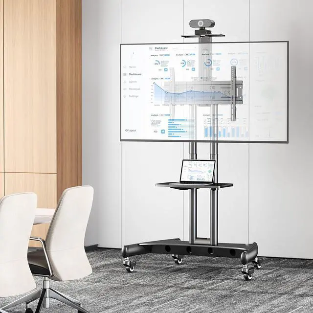 Alt view image 2 of 7 - Rolling/Mobile TV Cart with Wheels for 32-82 Inch LCD LED 4K Flat Screen TVs - TV Floor Stand with Shelf Holds Up to 100 lbs, Height Adjustable Trolley Max VESA 600x400mm- PSTVMC05