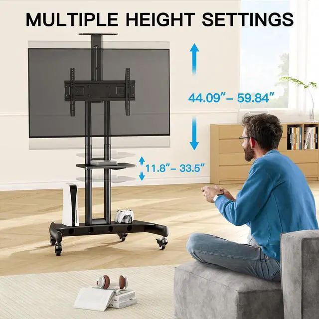 Alt view image 4 of 7 - Rolling/Mobile TV Cart with Wheels for 32-82 Inch LCD LED 4K Flat Screen TVs - TV Floor Stand with Shelf Holds Up to 100 lbs, Height Adjustable Trolley Max VESA 600x400mm- PSTVMC05