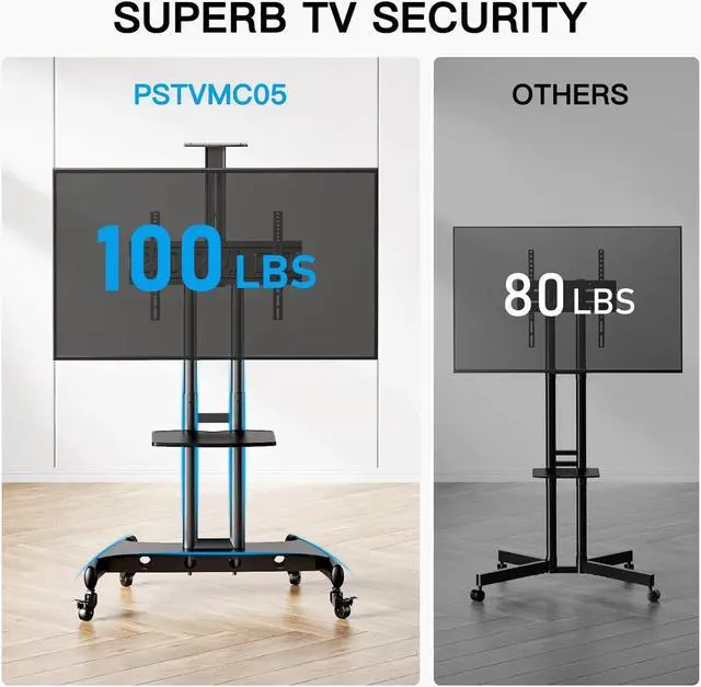 Alt view image 5 of 7 - Rolling/Mobile TV Cart with Wheels for 32-82 Inch LCD LED 4K Flat Screen TVs - TV Floor Stand with Shelf Holds Up to 100 lbs, Height Adjustable Trolley Max VESA 600x400mm- PSTVMC05