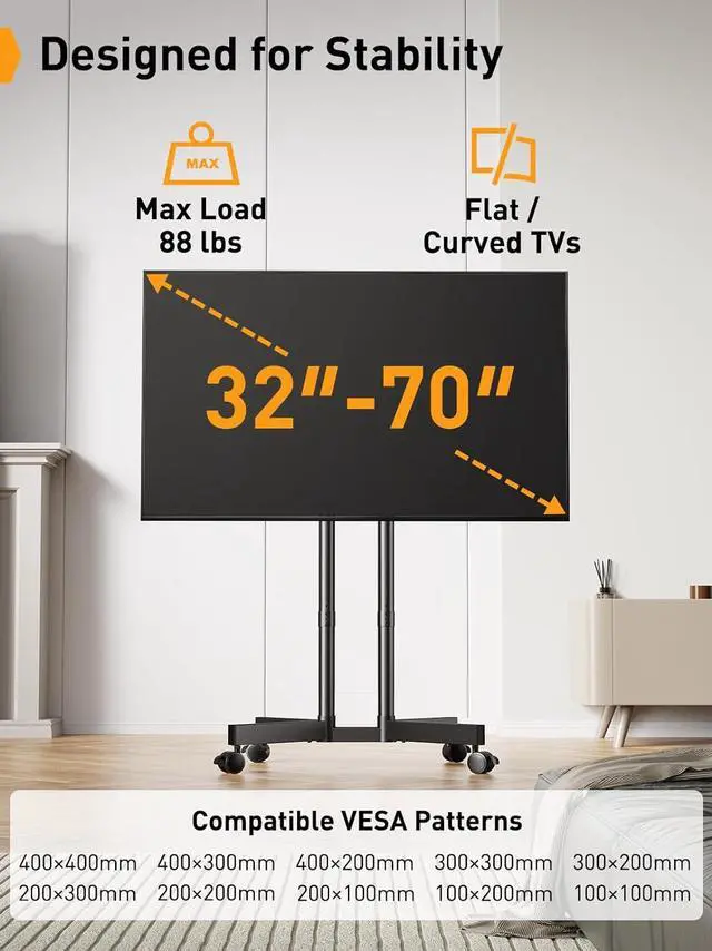 Alt view image 4 of 7 - Rolling TV Stand, Mobile TV Stand with Wheels for 32-70 inch TVs, Height Adjustable Mobile TV Cart with -15° to +5° Tilt, Rolling TV Cart for 4K TV Max VESA 400x400mm up to 88lbs, PGTVMC14