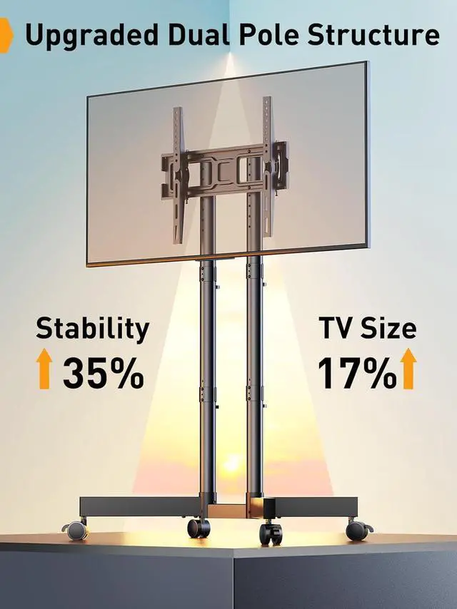 Alt view image 5 of 7 - Rolling TV Stand, Mobile TV Stand with Wheels for 32-70 inch TVs, Height Adjustable Mobile TV Cart with -15° to +5° Tilt, Rolling TV Cart for 4K TV Max VESA 400x400mm up to 88lbs, PGTVMC14