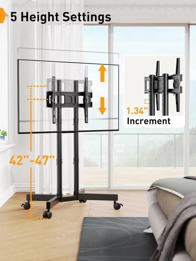 Alt view image 3 of 7 - Rolling TV Stand, Mobile TV Stand with Wheels for 32-70 inch TVs, Height Adjustable Mobile TV Cart with -15° to +5° Tilt, Rolling TV Cart for 4K TV Max VESA 400x400mm up to 88lbs, PGTVMC14