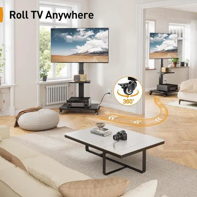 Alt view image 4 of 7 - Mobile TV Stand with Power Outlet, Tilt & Swivel Rolling TV Cart for 32 to 65 70 75 inch TVs up to 110 lbs, Height Adjustable Rolling TV Stand with Wheels, Max VESA 600x400mm, PGTVMC17
