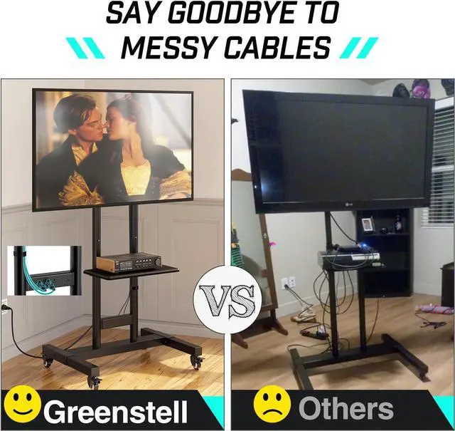 Alt view image 3 of 7 - TV Stand with Power Outlet, Mobile TV Cart on Wheels for 32-85 inch LED LCD Flat Curved Panel Screen TVs, up to 132lbs, Height Adjustable Rolling TV Stand with AV Shelf, Max VESA 600x400mm