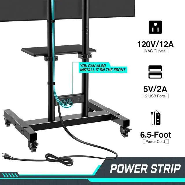 Alt view image 2 of 7 - TV Stand with Power Outlet, Mobile TV Cart on Wheels for 32-85 inch LED LCD Flat Curved Panel Screen TVs, up to 132lbs, Height Adjustable Rolling TV Stand with AV Shelf, Max VESA 600x400mm