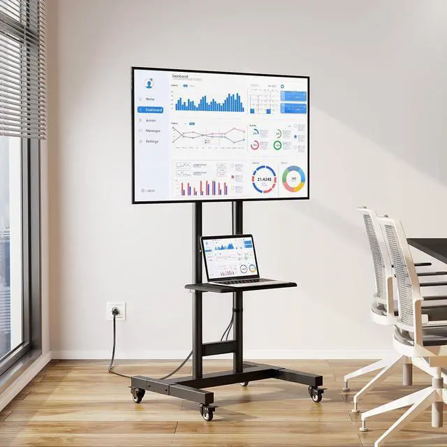 Alt view image 4 of 7 - TV Stand with Power Outlet, Mobile TV Cart on Wheels for 32-85 inch LED LCD Flat Curved Panel Screen TVs, up to 132lbs, Height Adjustable Rolling TV Stand with AV Shelf, Max VESA 600x400mm