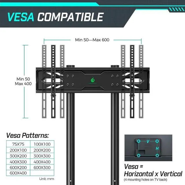Alt view image 7 of 7 - TV Stand with Power Outlet, Mobile TV Cart on Wheels for 32-85 inch LED LCD Flat Curved Panel Screen TVs, up to 132lbs, Height Adjustable Rolling TV Stand with AV Shelf, Max VESA 600x400mm