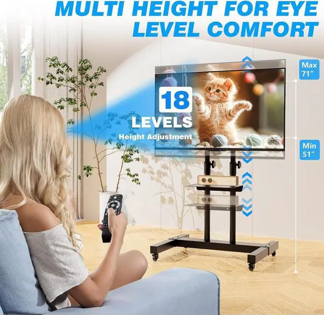 Alt view image 3 of 7 - Mobile TV Cart Rolling TV Stand for 40-83 Inch Screen Flat/Curved TVs up to 110lbs, Tilt and Height Adjustment Portable TV Stand on Wheels with Laptop Shelf, Outdoor TV Stand MAX VESA 600x400mm