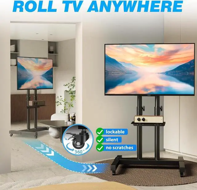 Alt view image 4 of 7 - Mobile TV Cart Rolling TV Stand for 40-83 Inch Screen Flat/Curved TVs up to 110lbs, Tilt and Height Adjustment Portable TV Stand on Wheels with Laptop Shelf, Outdoor TV Stand MAX VESA 600x400mm