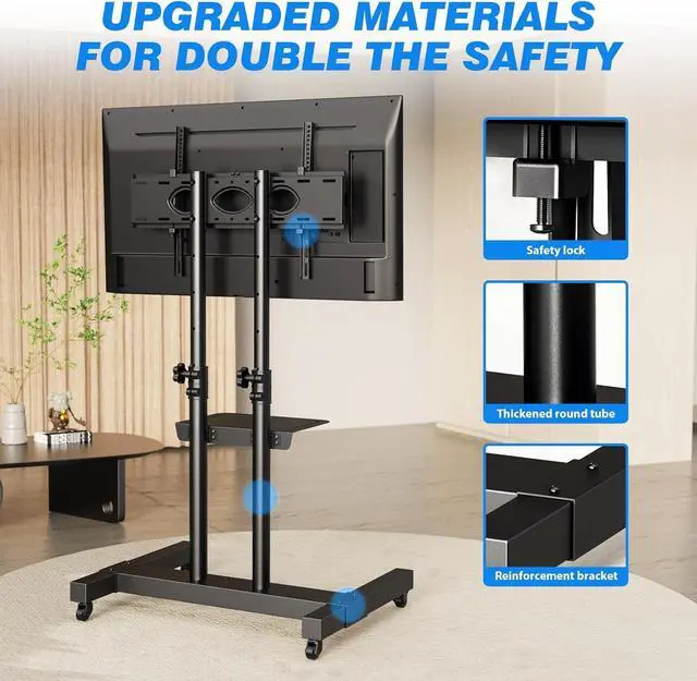 Alt view image 6 of 7 - Mobile TV Cart Rolling TV Stand for 40-83 Inch Screen Flat/Curved TVs up to 110lbs, Tilt and Height Adjustment Portable TV Stand on Wheels with Laptop Shelf, Outdoor TV Stand MAX VESA 600x400mm