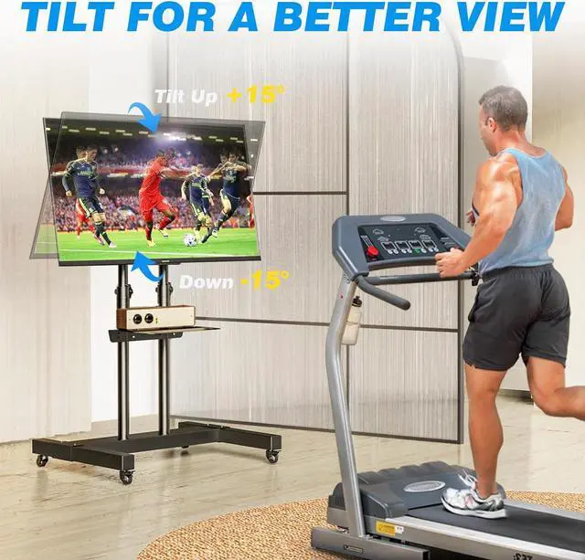 Alt view image 5 of 7 - Mobile TV Cart Rolling TV Stand for 40-83 Inch Screen Flat/Curved TVs up to 110lbs, Tilt and Height Adjustment Portable TV Stand on Wheels with Laptop Shelf, Outdoor TV Stand MAX VESA 600x400mm