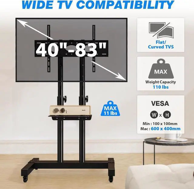 Alt view image 2 of 7 - Mobile TV Cart Rolling TV Stand for 40-83 Inch Screen Flat/Curved TVs up to 110lbs, Tilt and Height Adjustment Portable TV Stand on Wheels with Laptop Shelf, Outdoor TV Stand MAX VESA 600x400mm