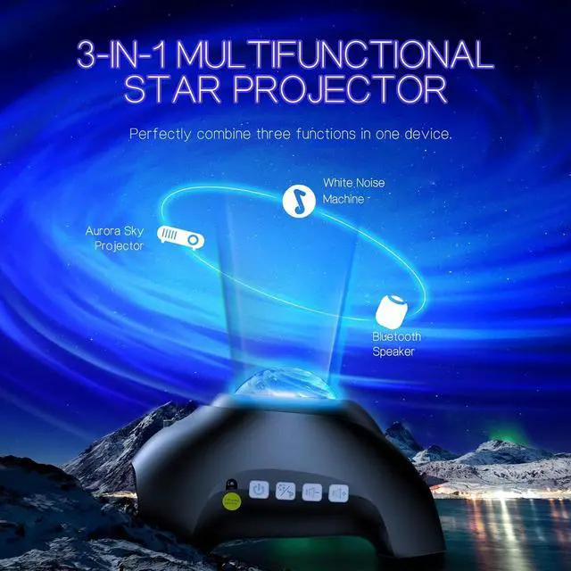 Alt view image 2 of 7 - Galaxy Light Aurora Projector with 33 Light Effects, Night Lights LED Star Projector for Bedroom Nebula Lamp, Remote Control, White Noises, Bluetooth Speaker for Parties (Jet Black)