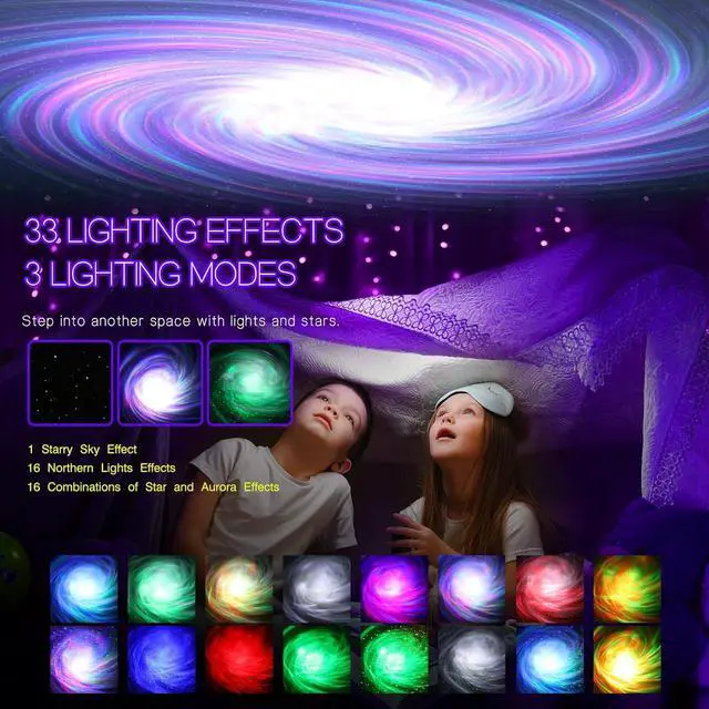 Alt view image 3 of 7 - Galaxy Light Aurora Projector with 33 Light Effects, Night Lights LED Star Projector for Bedroom Nebula Lamp, Remote Control, White Noises, Bluetooth Speaker for Parties (Jet Black)