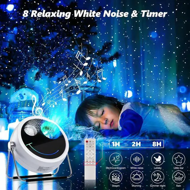 Alt view image 3 of 6 - Star Projector Galaxy Light, USB C White Starry Projector Works with PD Power Supply, Bluetooth Speaker and White Noise Aurora Projector Light, LED Galaxy Projector for Bedroom Home Party