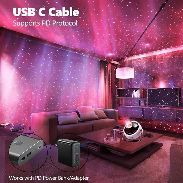 Alt view image 4 of 6 - Star Projector Galaxy Light, USB C White Starry Projector Works with PD Power Supply, Bluetooth Speaker and White Noise Aurora Projector Light, LED Galaxy Projector for Bedroom Home Party