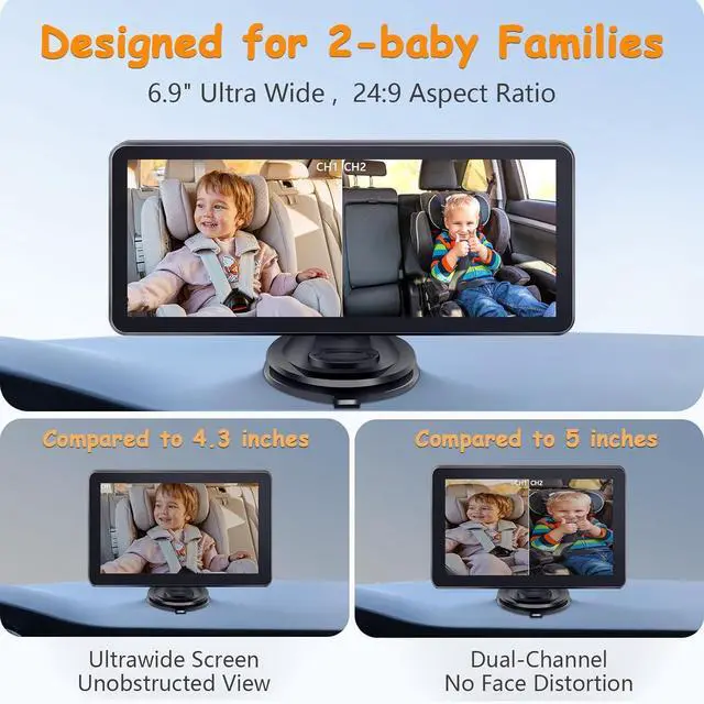 Alt view image 3 of 7 - 2-Kids Baby Car Camera for Seat: 6.9 Inch Ultrawide Display with Two Cameras Rear Facing - USB Powered Backseat Camera HD 1080P Easy to Install